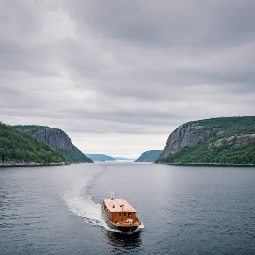 Prompt: A boat on its way between beautiful islands in a fjord in Oslo in Norway. 