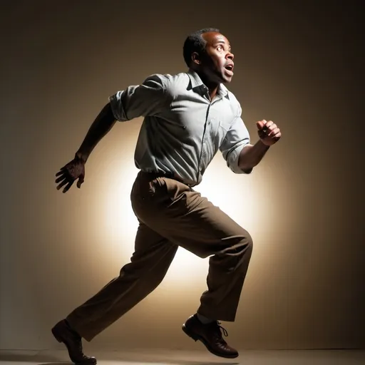 Prompt: A full figure side view of a casual-dressed 1950's style terrified african-american man running. Dramatic backlighting.