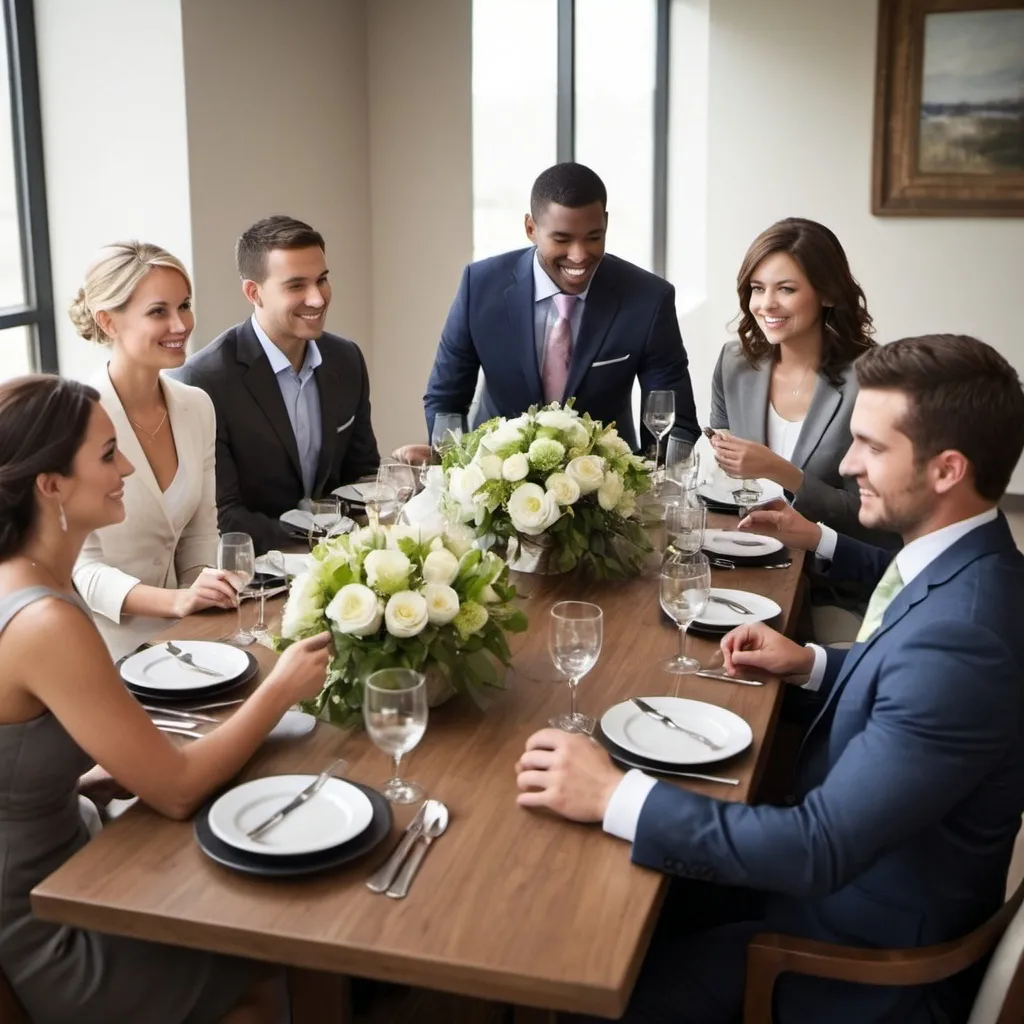 Prompt: Please create an image of a reception table with 8 people dressed in business casual engaging in conversations. they are attending a wedding reception so please make the table more appropriate to that type of event. please make the attire at the wedding event image less formal, sport coats or business casual. position the individuals around the reception table, not for picture taking, and change their attire to business casual


