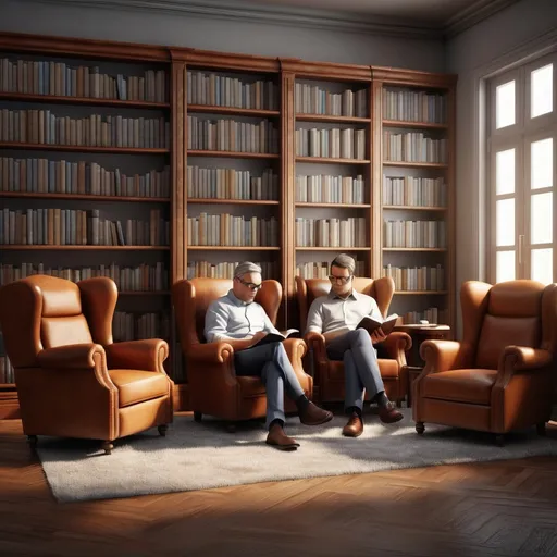 Prompt: background a study with a book shelf behind filled with books. In the study, there are two individuals sitting in comfortable chairs conversing. One is taking notes on a notepad. make it photorealistic