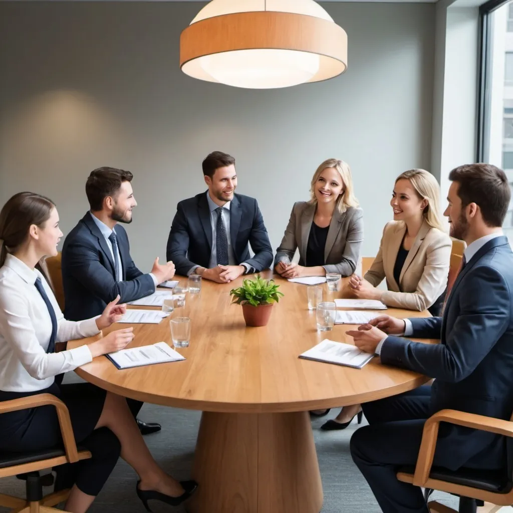 Prompt: Please create an image of a reception table with 8 people dressed in business casual engaging in conversations
