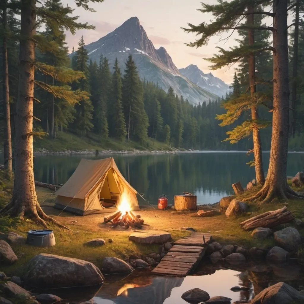 Prompt: Draw a warm and charming camp site for me in remote woods by a lake with everything someone needs to camp
