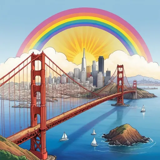 Prompt: Draw a picture of San Francisco that includes the Golden Gate Bride, that shows sunshine and a rainbow for gay pride, please :)