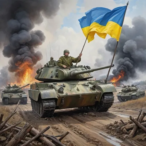 Prompt: draw an oil painting representation of Ukraine winning the war with Russia and getting all of its territory back.  