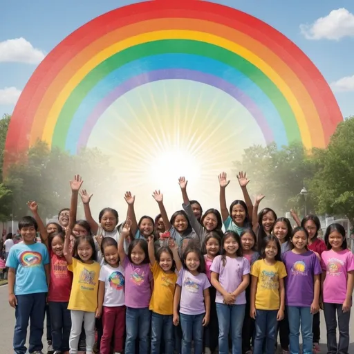 Prompt: draw a picture of this idea.  Migrants coming to the united states and being welcomed with schools to teach them and healthcare.  helping them learn English and become part of a flushing society .  everyone is smiling and the sun is shining with a rainbow 
