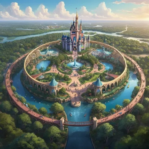 Prompt: draw a painting of what it would looks like if Disney built a new theme park that the whole park was the shape of a huge circle.  it is called 'Disney universe'. it is located in Austin Texas, there is lots of greenery and water.  it is one with nature.  the view is from to sky 