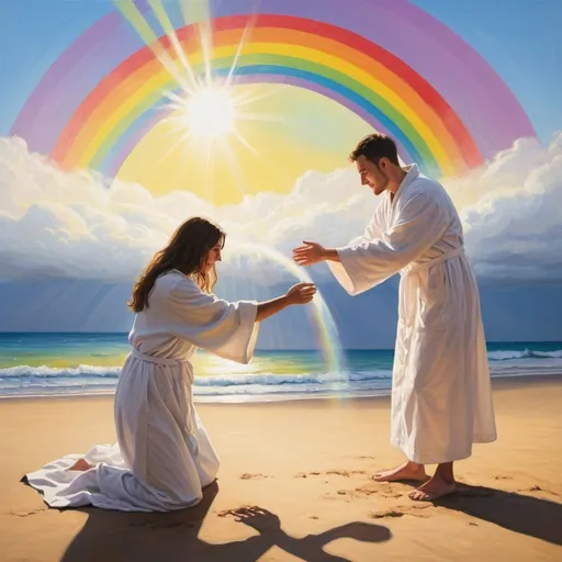 Prompt: draw an oil panting of someone is a white robe giving there hand down to someone on the ground pulling them up.  with sunshine and a rainbow in the background.