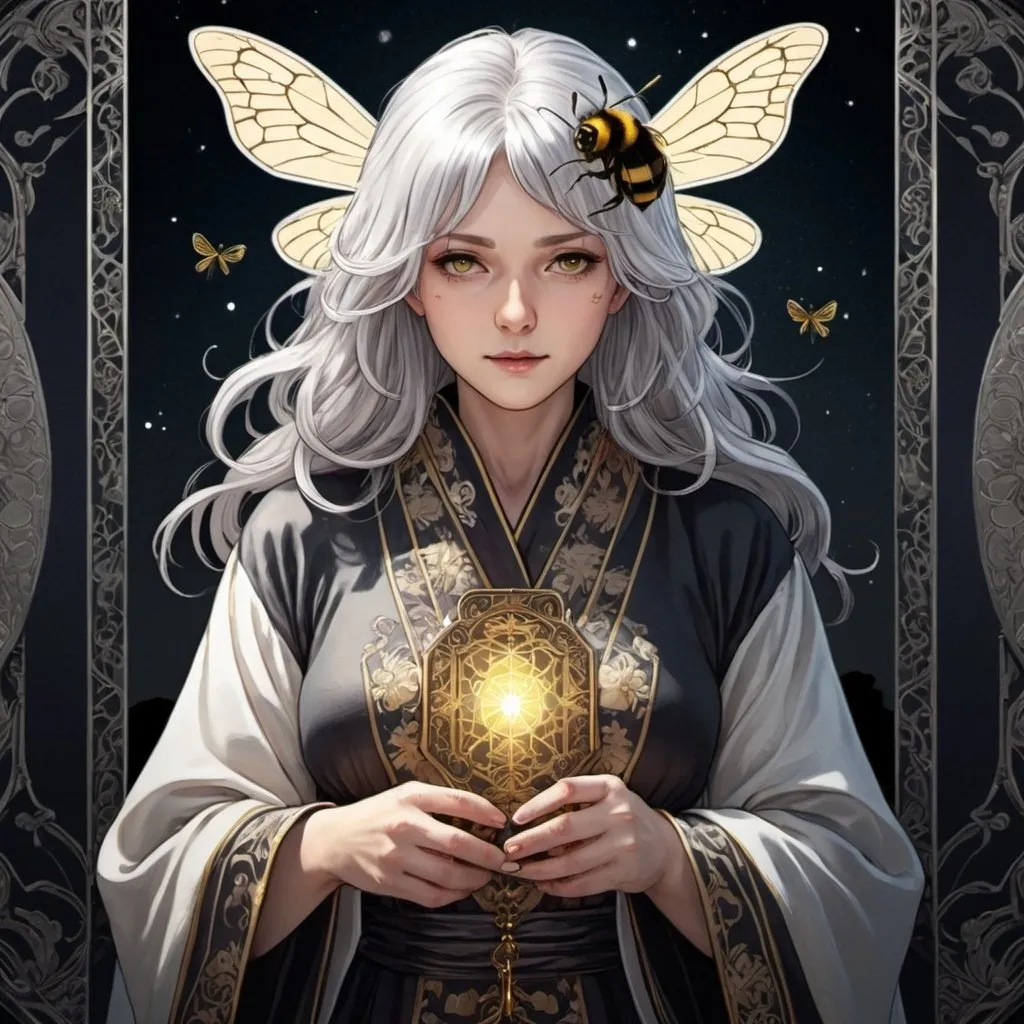 Prompt: tarot card Anime illustration, a silver-haired woman, detailed ornate cloth robe, dramatic lighting like a bee
