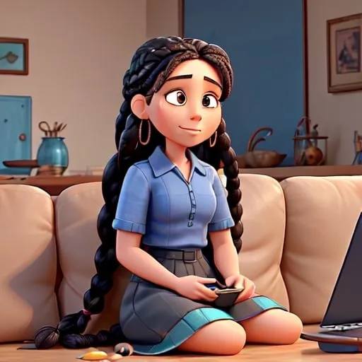 Prompt: A woman sitting on the couch. Her hair is braided in one long black braid and she wears earrings. She wears a blue shirt and a long gray skirt. She eats Moroccan sweets from a plastic box while scrolling on her phone. 