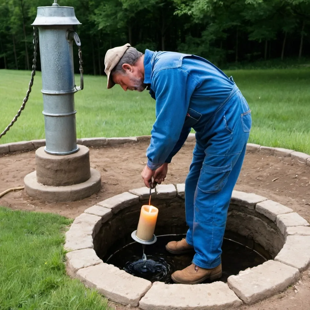 Prompt: A well in the ground, the cover is next to it. A man wearing blue overalls is going down into the well to fix it. A candle is lit next to the well. 