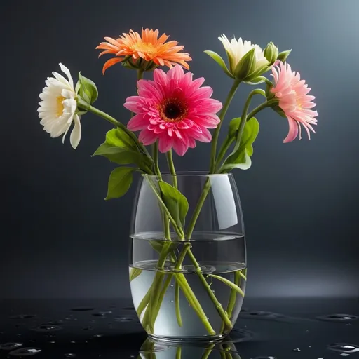 Prompt: Flowers in a glass vase. The stems are in dark water and the flowers are on a bright background. 