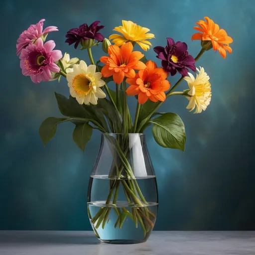 Prompt: 10 flowers in a glass vase. The stems are in dark water, in the shadows, and the flowers are on a bright background. 