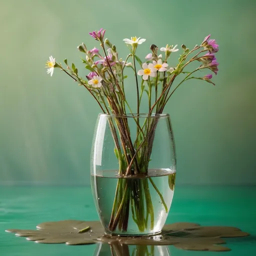 Prompt: Many tiny flowers in a glass vase. The stems are in the water. The waters are green, turbid and muddy, in the shadows. The flowers are on a bright background. 