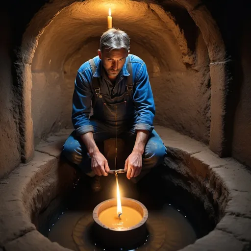 Prompt: A well in the ground, the cover is next to it. A man wearing blue overalls is going down into the well to fix it. A candle is lit next to the well. 