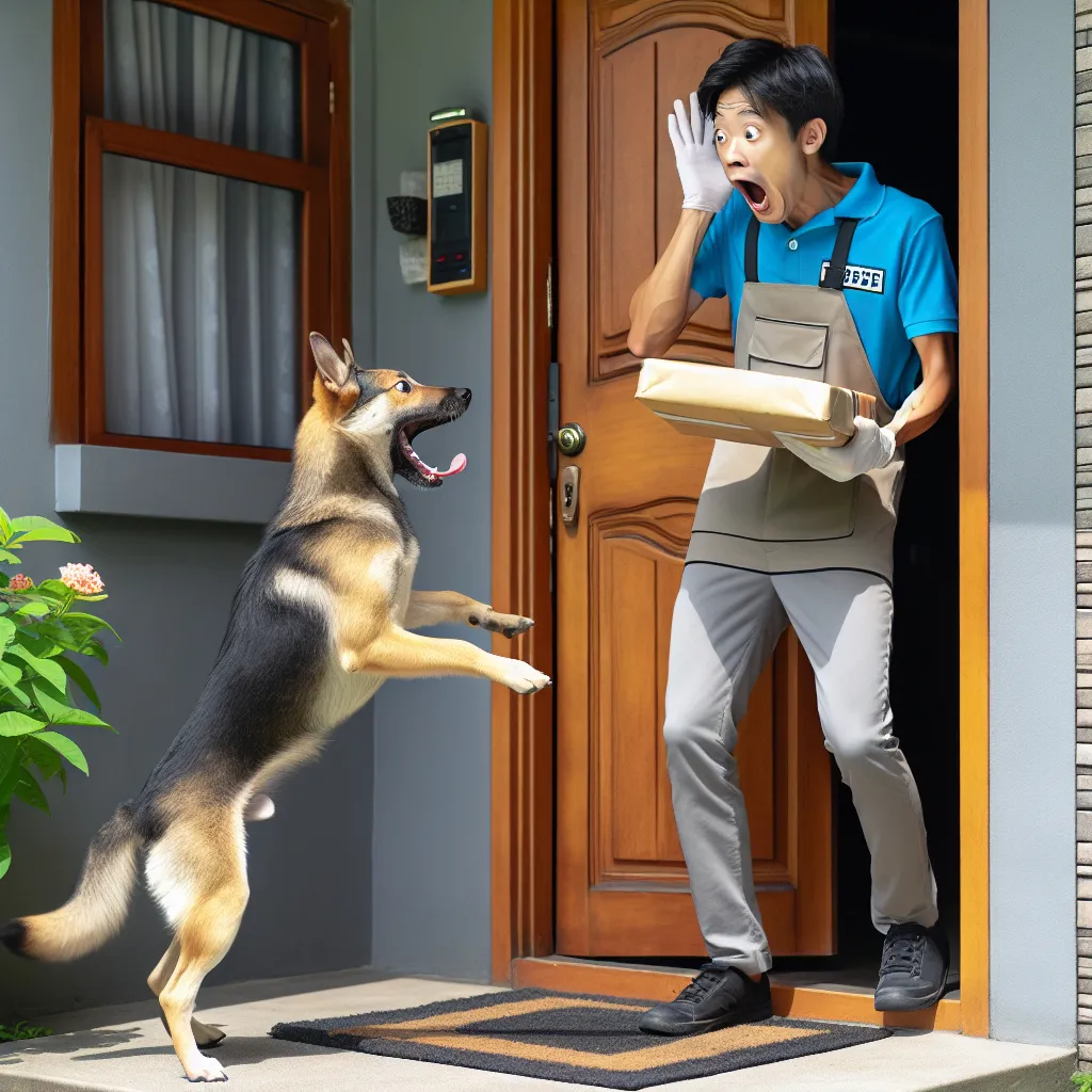 Prompt: Asian delivery driver startled by medium-sized dog at doorstep