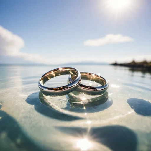 Prompt: 2 wedding rings on clear water with sunny sky
