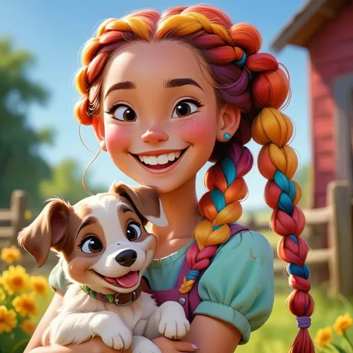 Prompt: Disney style farm girl with braids and a happy smile, vibrant colors, sunny colors holding a puppy
