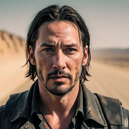 Prompt: a photo of a man who looks like a cross between Keanu Reeves as John Constantine and Tom Hardy in Mad Max Fury Road