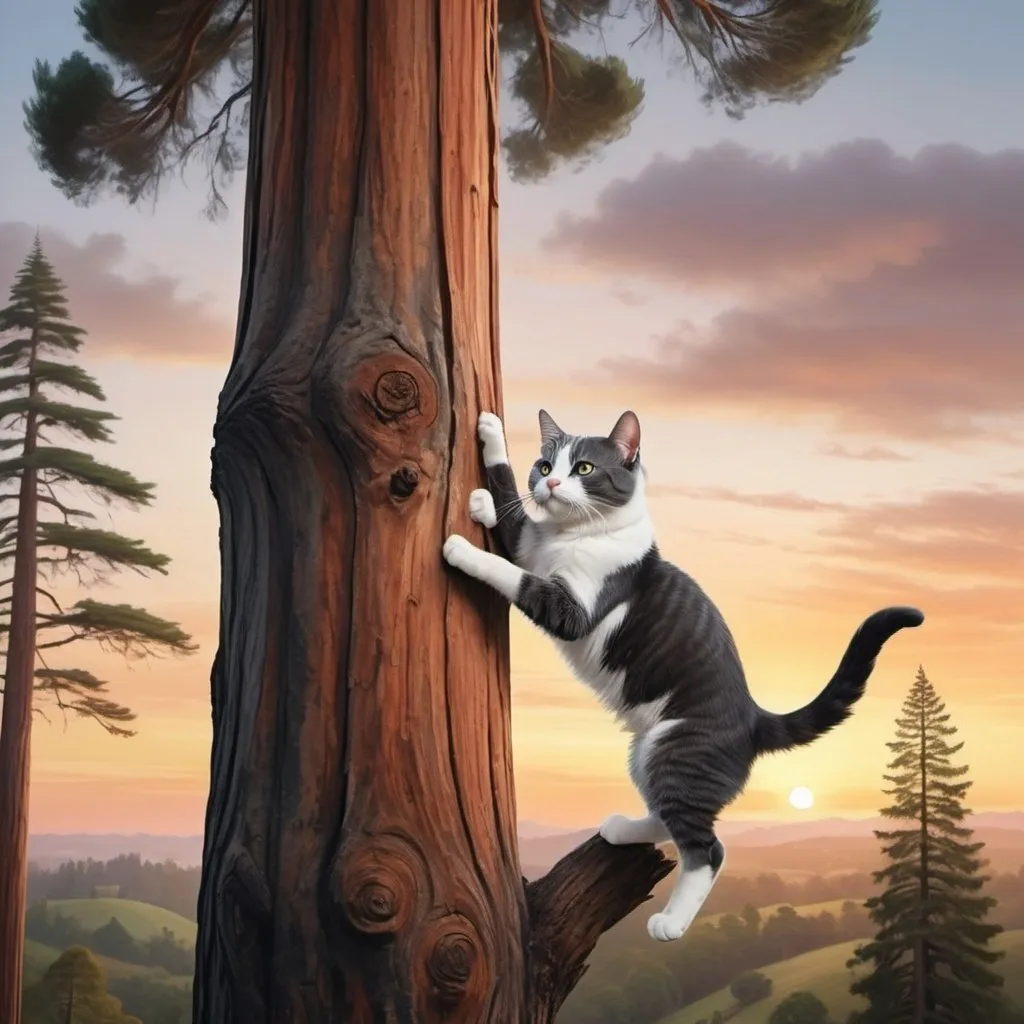 Prompt: A dark grey and white cat, climbing a tall redwood tree with a countryside background and sunset, realistic and lifelike