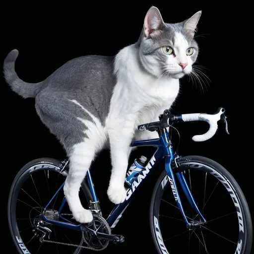 Prompt: A grey and white cat, riding a dark blue GIANT brand road bike, on a black background