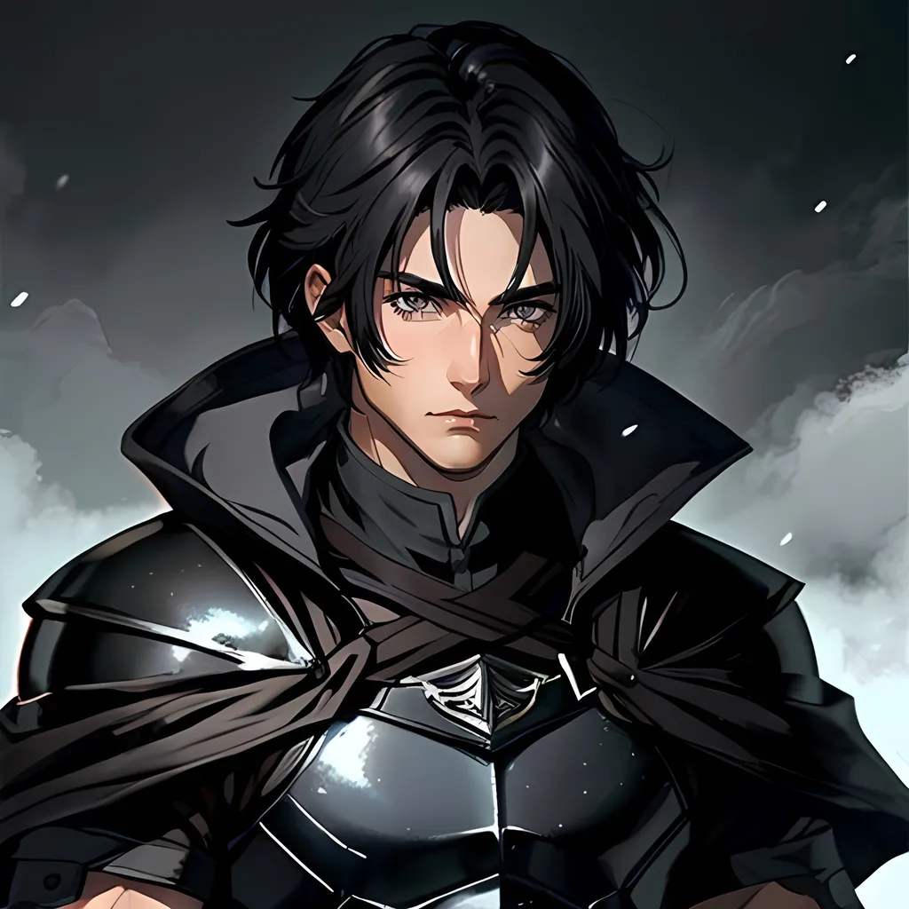 Prompt: 30 year old male ranger, fantasy clothing, short black hair, short hair, grey eyes, atmospheric color washes, calm expression, athletic strong build, muscular, masculine,  bloody, masculine