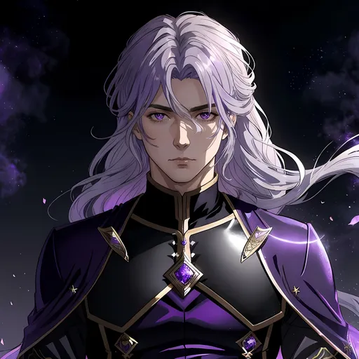 Prompt: 30 year old male noble, purple tones, fantasy clothing, silver hair, dark eyes, atmospheric color washes, calm expression, athletic strong build, charming