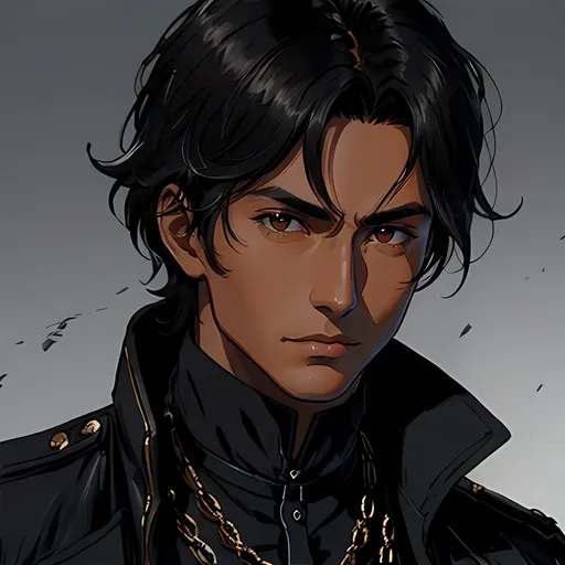 Prompt: 28 year old assassin, black messy hair, handsome, tan skin, kind expression, brown eyes, detailed, atmospheric color washes, tan, high quality, dark victorian, full royal assassin outfit