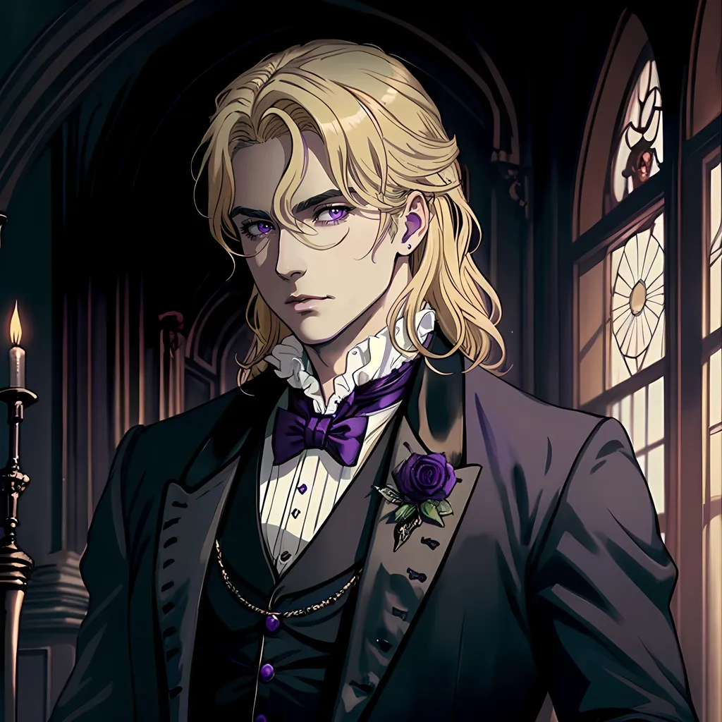 Prompt: 40 year old male noble vampire, victorian clothing, blonde hair, dark eyes, atmospheric color washes, calm expression, athletic strong build, charming, purple accents