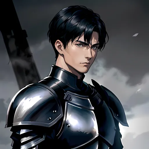 Prompt: 40 year old male knight, short black hair, short hair, short hair, grey eyes, atmospheric color washes, calm expression, edgy, full torso, athletic strong build, muscular, masculine, serious, buff, full torso, black armor