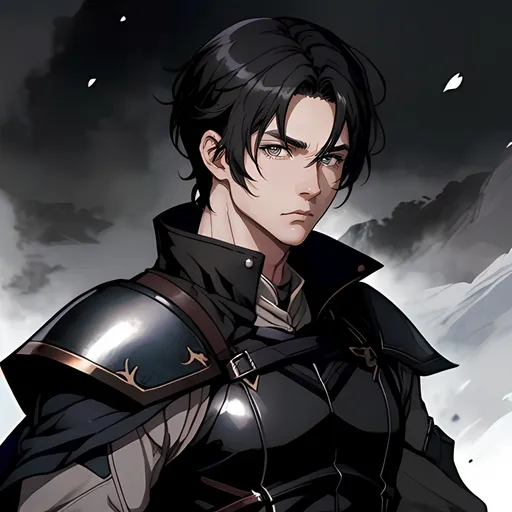 Prompt: 34 year old male ranger, fantasy clothing, short black hair, short hair, grey eyes, atmospheric color washes, calm expression, athletic strong build, muscular, masculine,  bloody, masculine, serious