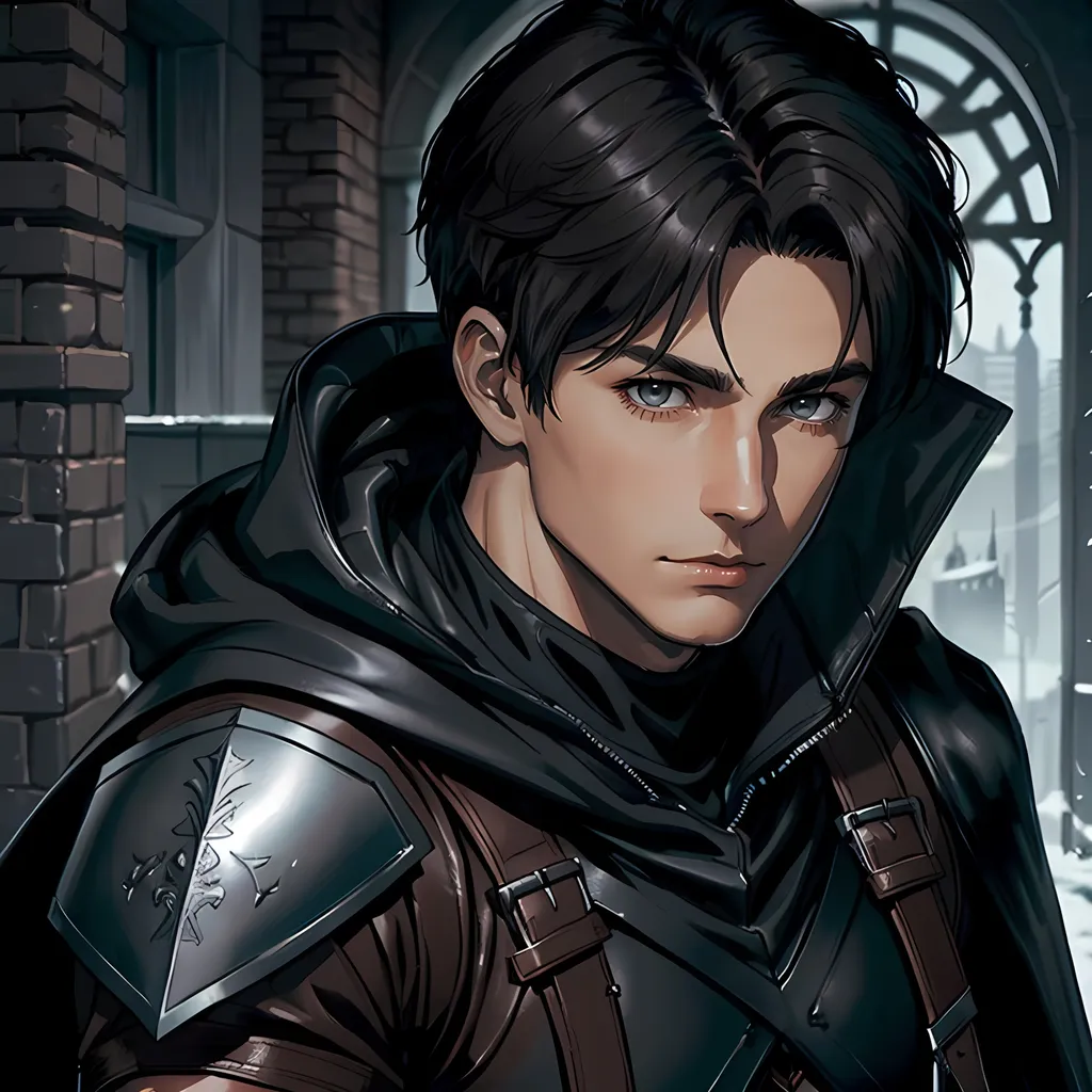 Prompt: 30 year old male ranger, dark leather, cape and hood, fantasy clothing, short hair, short hair,, grey eyes, atmospheric color washes, calm expression, athletic strong build, muscular, masculine, buff, bloody, resembles Jason Todd 