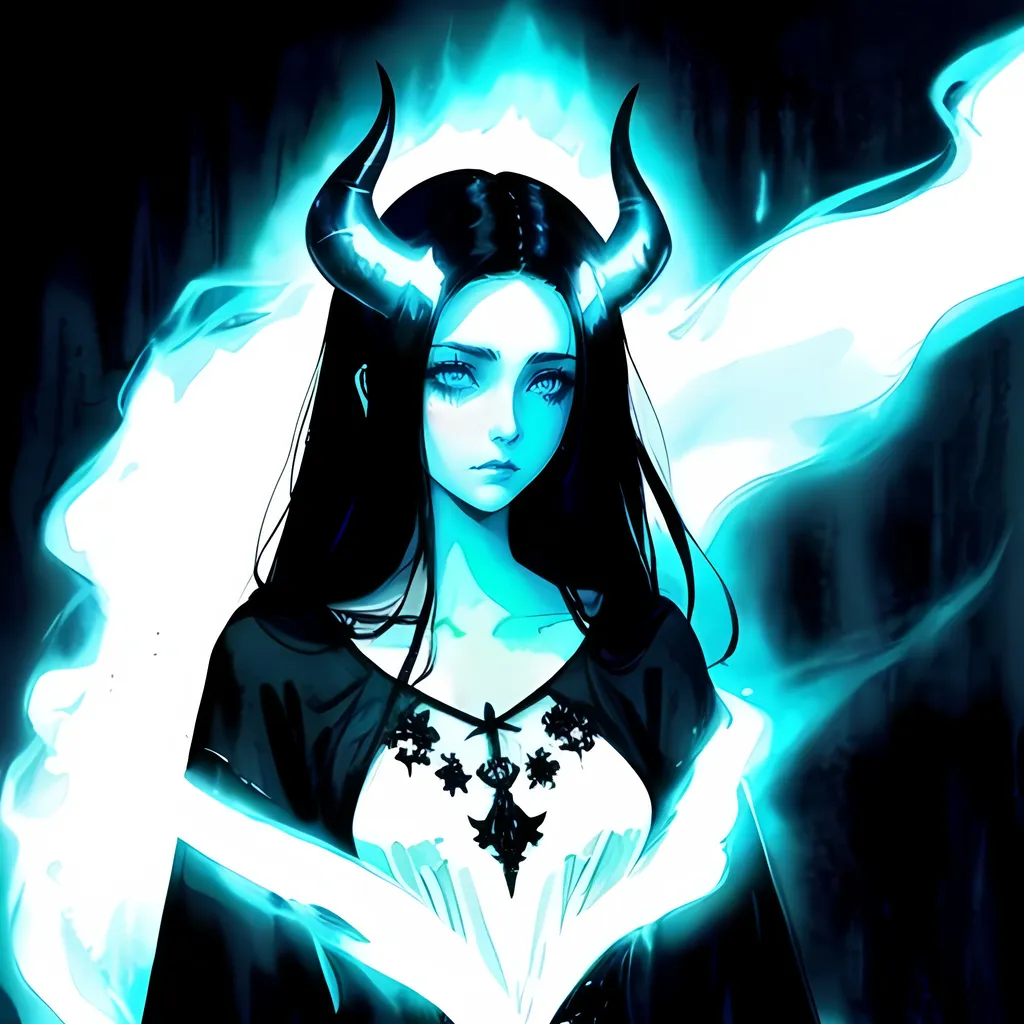 Prompt: beautiful black haired woman, horns, horror themes, cool colors, sad expression, high quality, atmospheric color washes, full body, ghostly, horror themes, sad, white clothing, full body, jewelry, blood, celestial