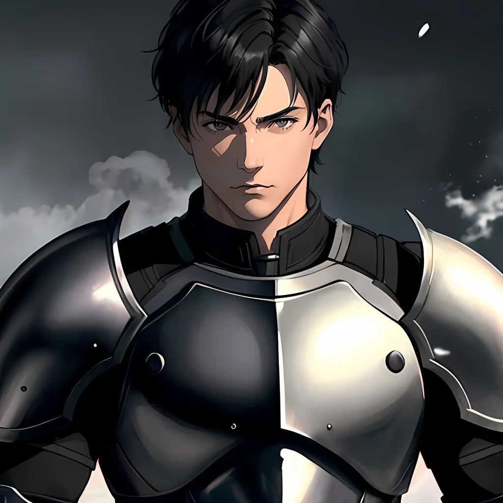 Prompt: 40 year old male knight, short black hair, short hair, short hair, grey eyes, atmospheric color washes, calm expression, edgy, full torso, athletic strong build, muscular, masculine, serious, buff, full torso, black armor