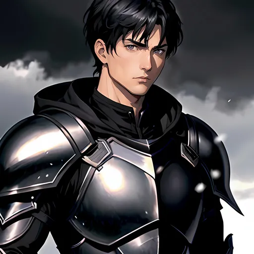 Prompt: 40 year old male black knight, short black hair, short hair, short hair, grey eyes, atmospheric color washes, calm expression, edgy, full torso, athletic strong build, muscular, masculine, serious, buff, full torso, ornate armor