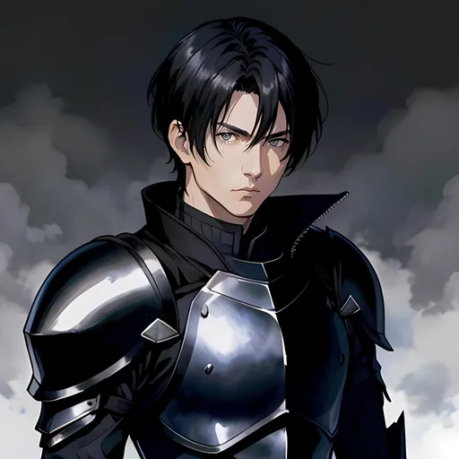 Prompt: 40 year old male black knight, short black hair, short hair, short hair, grey eyes, atmospheric color washes, calm expression, edgy, full torso, athletic strong build, muscular, masculine, serious