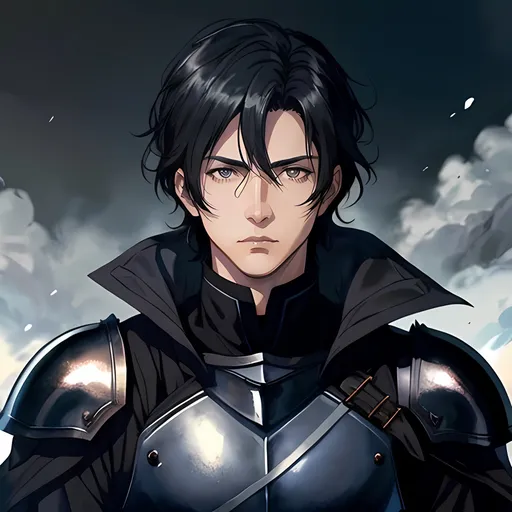 Prompt: 40 year old male black knight, black hair, grey eyes, atmospheric color washes, calm expression, edgy