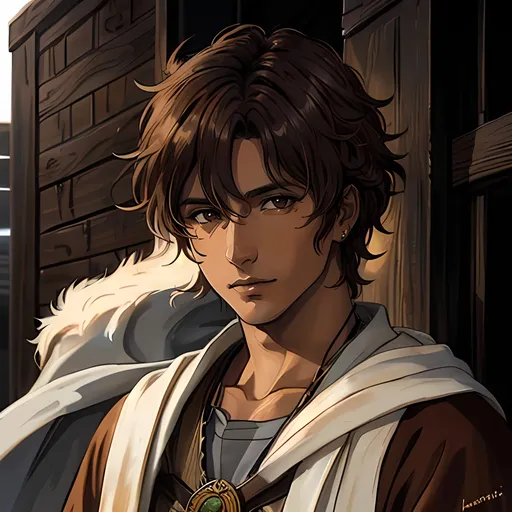 Prompt: 31 year old male peasant, auburn messy hair, soft features, brown eyes, tan skin, kind expression, detailed, atmospheric color washes, religious themes, tan, bandit clothing