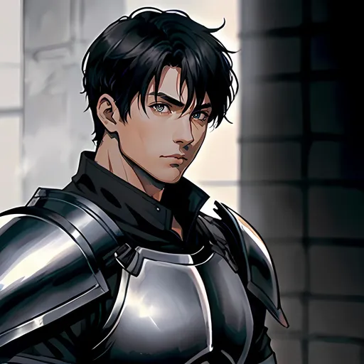 Prompt: 40 year old male knight, short black hair, short hair, short hair, grey eyes, atmospheric color washes, calm expression, edgy, full torso, athletic strong build, muscular, masculine, serious, buff, full torso, black armor