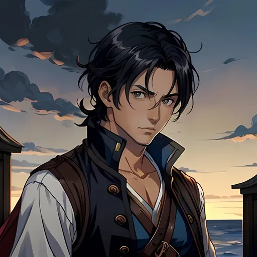 Prompt: 40 year old male pirate, black hair, grey eyes, tan skin, atmospheric color washes, calm expression