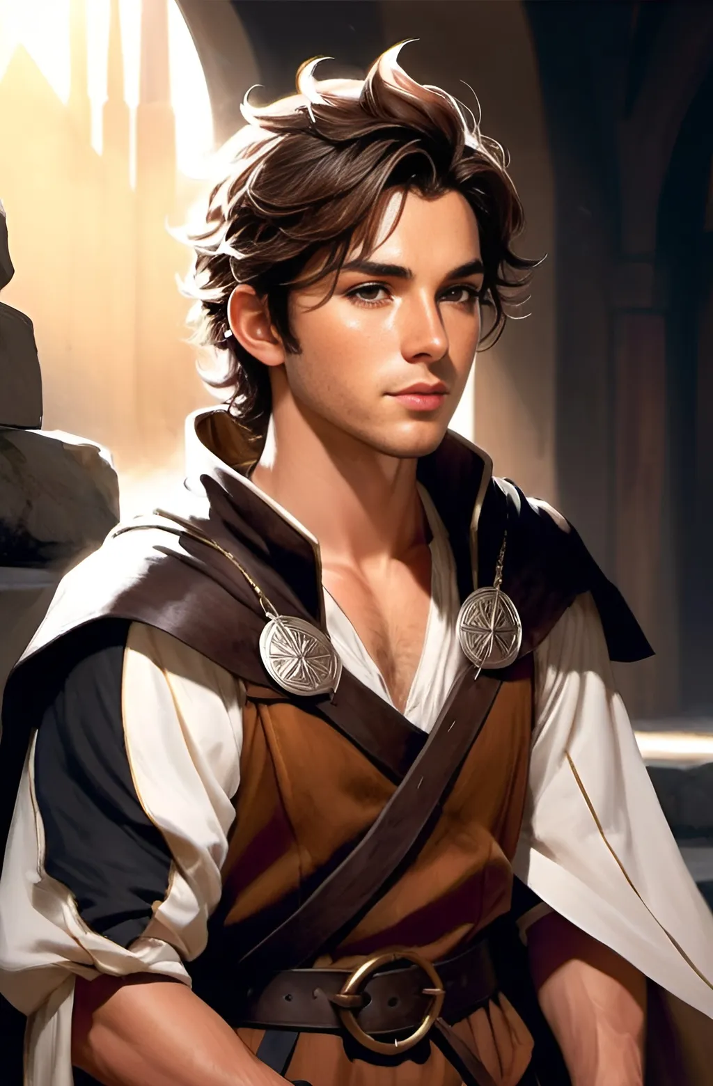 Prompt: 31 year old male peasant, auburn messy hair, soft features, brown eyes, athletic build, resembles jonathan bailey, tan skin, kind expression, detailed, atmospheric color washes, full body illustration, necromancer, handsome