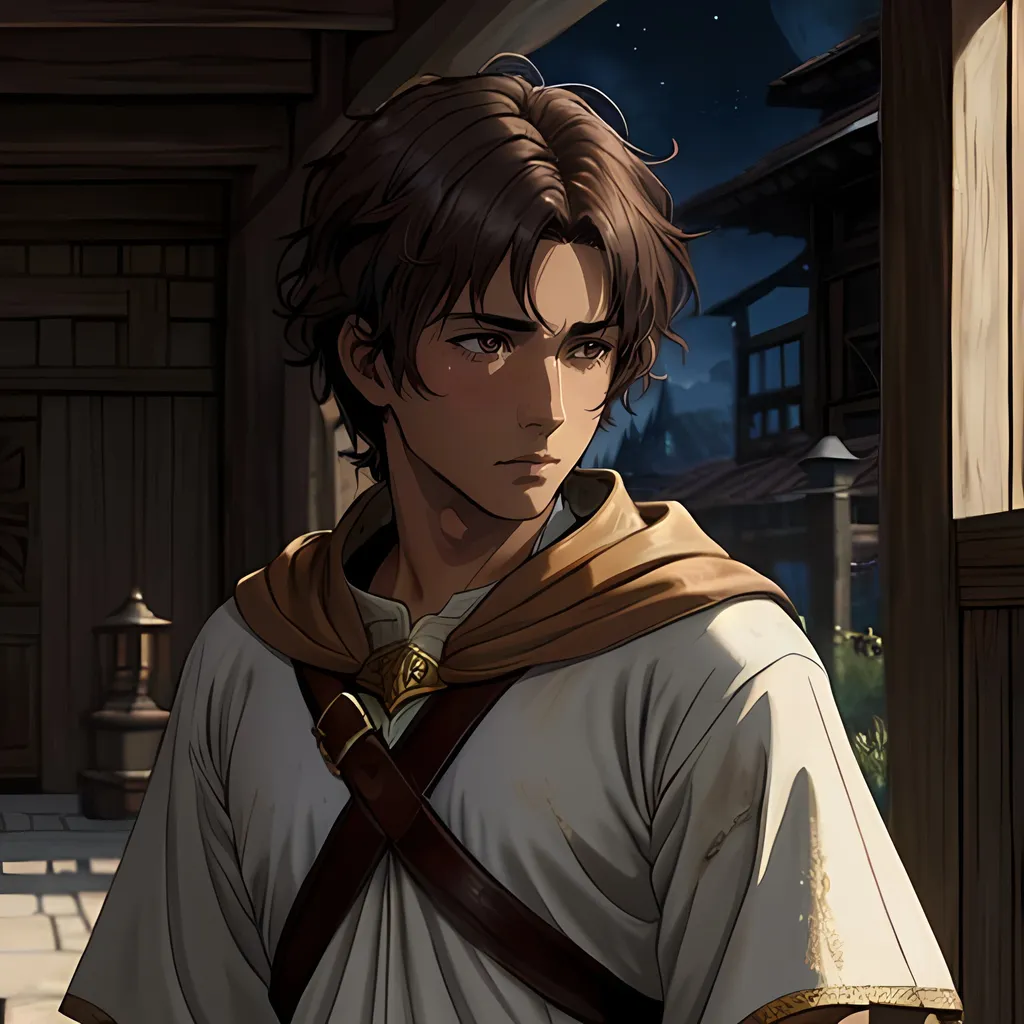 Prompt: 31 year old male peasant, auburn messy hair, soft features, brown eyes, tan skin, sad expression, detailed, atmospheric color washes, tan, fantasy clothing, cleric, full body, high quality