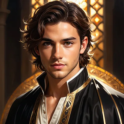 Prompt: 27 year old male, cleric, brown wavy hair, soft features, brown eyes, athletic build, resembles jonathan bailey, tan skin, kind expression, detailed, dark colors, in the style of layered gestures, god rays, dark gold and black, atmospheric color washes, john larriva, spiritualcore, religious themes, Heliocentric, looking away