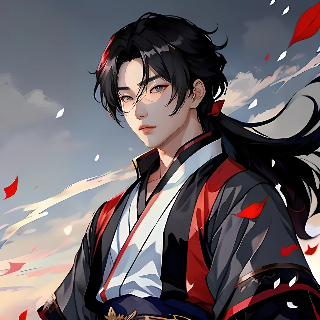 Prompt: hwang hyunjin samurai, male, korean fantasy, medium length hair, grey eyes