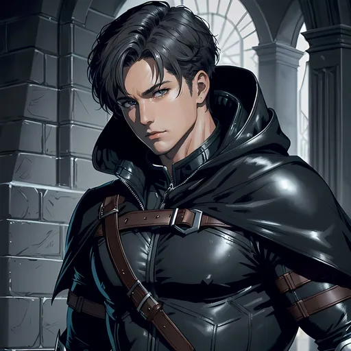 Prompt: 30 year old male ranger, dark leather, cape and hood, fantasy clothing, short hair, short hair,, grey eyes, atmospheric color washes, calm expression, athletic strong build, muscular, masculine, buff, bloody, resembles Jason Todd 