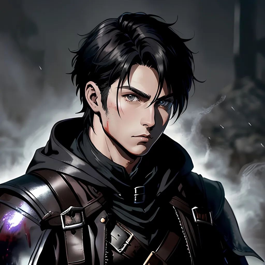 Prompt: 30 year old male, d&d ranger, monster hunter, blood borne, leather, cape and hood, fantasy clothing, short black hair, grey eyes, atmospheric color washes, calm expression, athletic strong build, muscular, masculine, buff, bloody, handsome, bloody, bandages