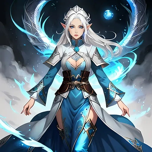 Prompt: beautiful white haired elf, female, blue skin, brown eyes, tall, sorcerer, draconic, silver dragon themes, high quality, atmospheric color washes, modest clothing, intimidating, blue tones