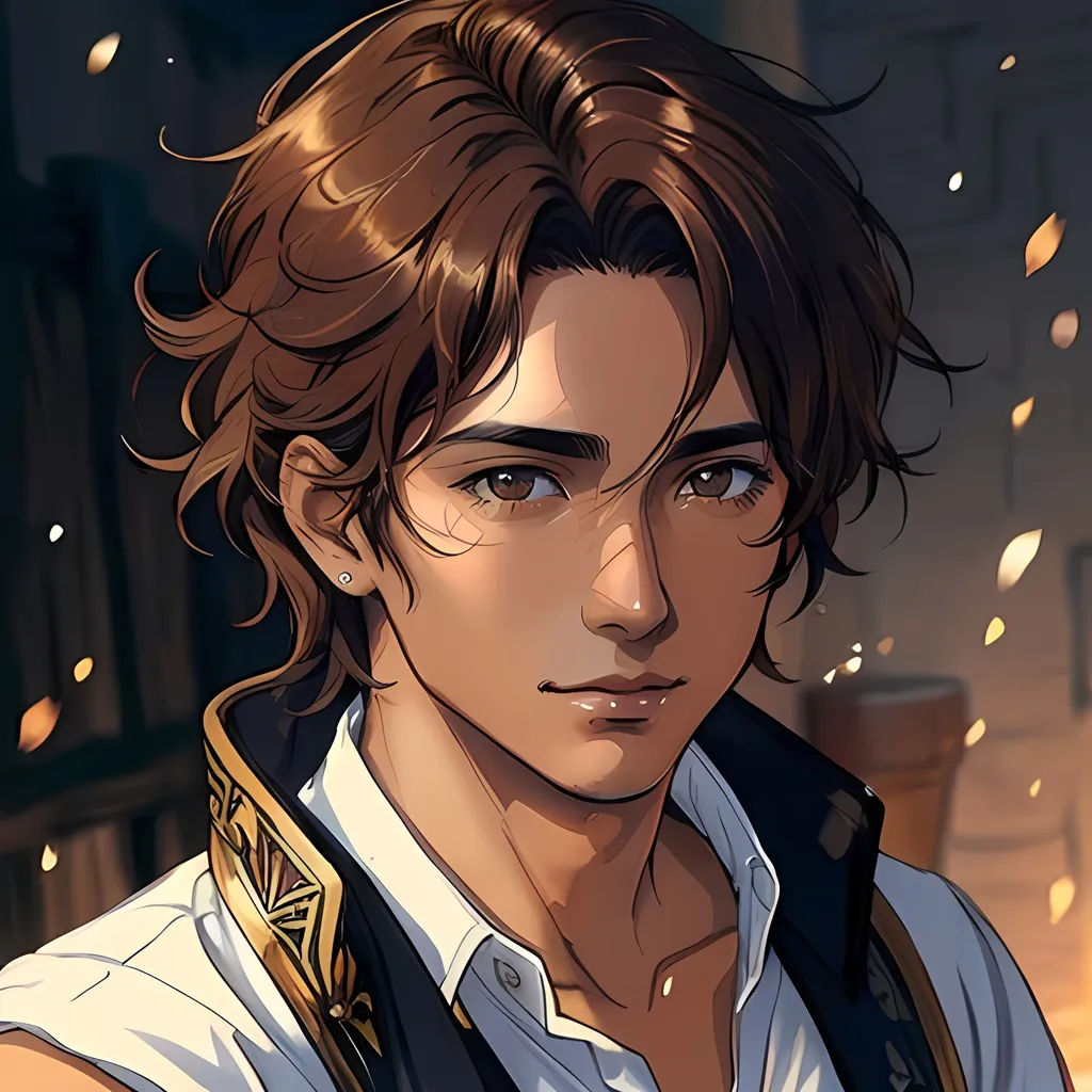 Prompt: 31 year old male peasant, auburn messy hair, soft features, brown eyes, tan skin, kind expression, detailed, atmospheric color washes