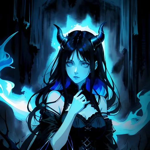 Prompt: beautiful black haired woman, horns, horror themes, cool colors, blue toned, sad expression, high quality, atmospheric color washes, full body, ghostly, horror themes, dark, sad, modest white clothing