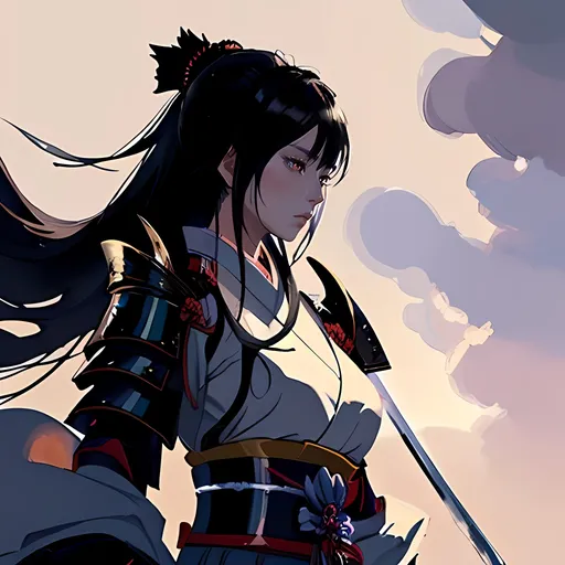 Prompt: female samurai, paladin, magic, soft colors, atmospheric color brushstrokes, high quality, black hair, female, beautiful