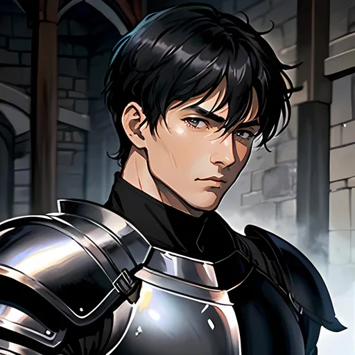 Prompt: 40 year old male knight, short black hair, short hair, short hair, grey eyes, atmospheric color washes, calm expression, edgy, full torso, athletic strong build, muscular, masculine, serious, buff, full torso, black armor